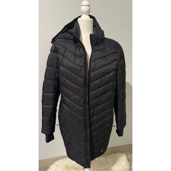 Spyder Black puffer thermal Hooded quilted long jacket front zipper L - Picture 11 of 15